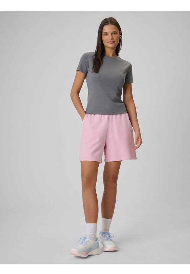 4f - 4F T-shirt slim prążkowany damski - szary L. Okazja: na co dzień. Kolor: szary. Materiał: prążkowany. Styl: casual, klasyczny