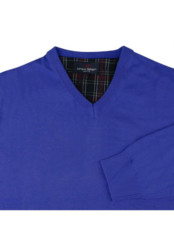 Męski, Bawełniany Sweter w Serek (V-neck) - Adriano Guinari - Charbowy. Okazja: do pracy, na co dzień, na spotkanie biznesowe. Typ kołnierza: dekolt w serek. Kolor: niebieski. Materiał: bawełna. Styl: klasyczny, casual, elegancki, biznesowy