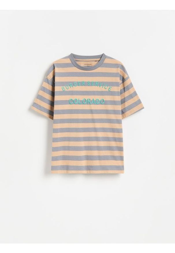 Reserved - T-shirt w paski z haftem - beżowy. Kolor: beżowy. Materiał: bawełna, dzianina. Wzór: haft, paski