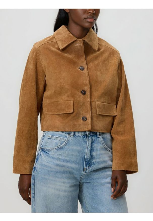 Reserved - Skórzana marynarka - bursztynowy. Kolor: pomarańczowy. Materiał: skóra. Długość: krótkie