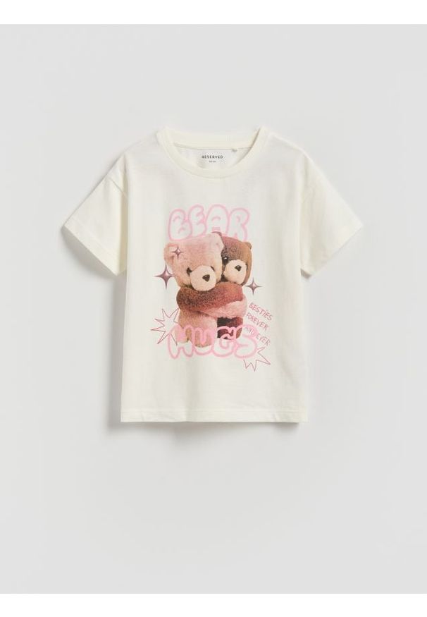 Reserved - Bawełniany t-shirt z nadrukiem - złamana biel. Materiał: bawełna. Wzór: nadruk