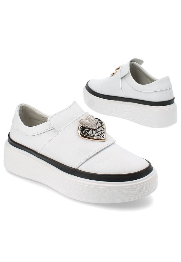 Białe Sneakersy Artiker Stylowe Wsuwane Obuwie Damskie. Zapięcie: bez zapięcia. Kolor: biały. Materiał: guma, skóra. Wzór: geometria, aplikacja