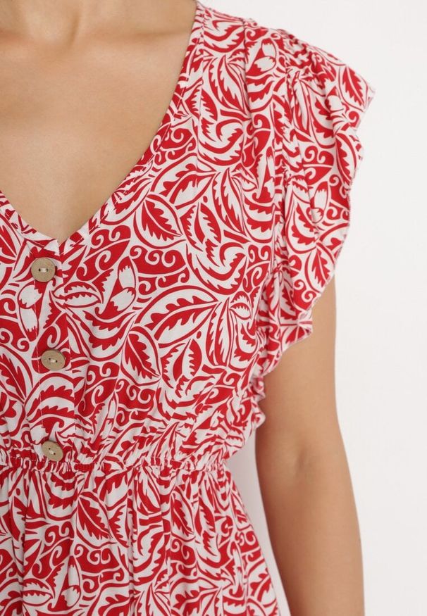 Born2be - Czerwona Sukienka Bawełniana z Gumką w Talii i Mozaikowym Wzorem Indaria. Kolor: czerwony. Materiał: bawełna