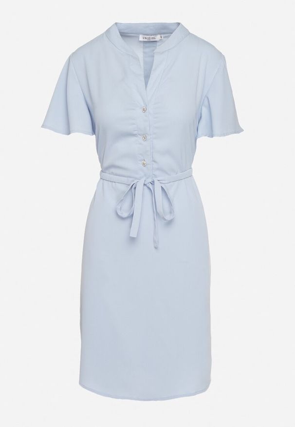 Born2be - Niebieska Sukienka Trapezowa z Koszulową Górą i Materiałowym Paskiem w Talii Vikiiona. Okazja: na spotkanie biznesowe. Typ kołnierza: dekolt w kształcie V. Kolor: niebieski. Materiał: materiał. Długość rękawa: krótki rękaw. Typ sukienki: trapezowe, koszulowe. Styl: biznesowy