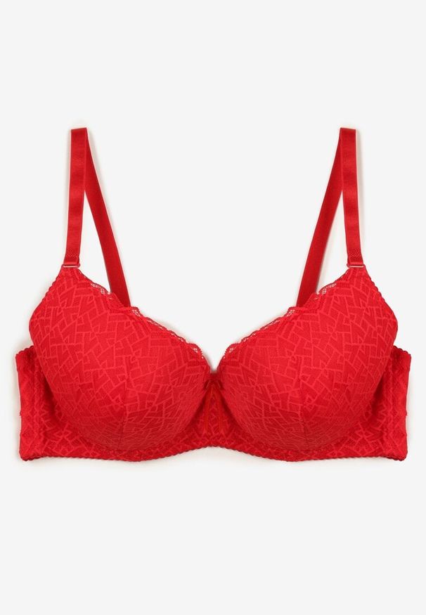 Born2be - Czerwony Biustonosz z Geometrycznym Wzorem o Fasonie Full Cup Noobris. Kolor: czerwony. Materiał: jeans. Rodzaj stanika: odpinane ramiączka. Wzór: geometria