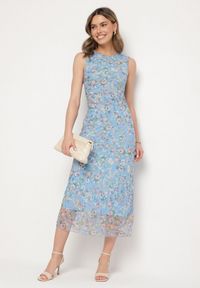 Born2be - Niebieska Koktajlowa Taliowana Sukienka w Kwiaty z Wiskozową Podszewką Lidra. Okazja: na ślub cywilny, na co dzień, na imprezę, na wesele. Kolor: niebieski. Materiał: wiskoza. Wzór: kwiaty. Styl: wizytowy #7