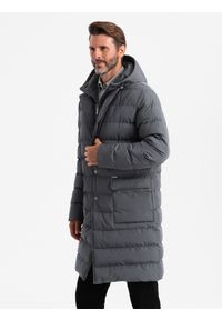 Ombre Clothing - Długa pikowana męska kurtka z klapami i podpinką – grafitowa V2. Kolor: szary. Materiał: syntetyk, tkanina, poliester, materiał. Długość: długie. Wzór: jednolity. Styl: elegancki #5