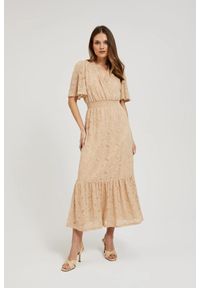 MOODO - Koronkowa sukienka midi beżowa. Kolor: beżowy. Materiał: koronka. Długość: midi