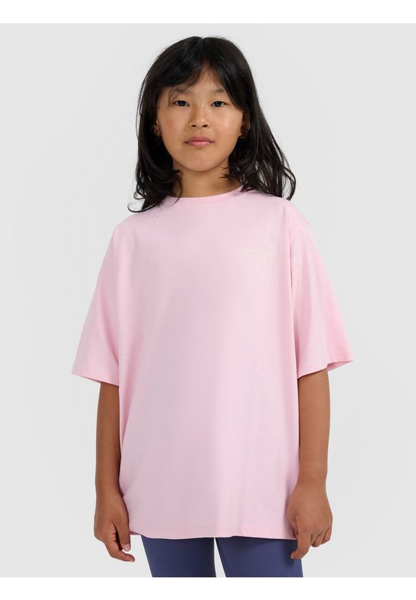 4f - 4F T-shirt oversize z nadrukiem dziewczęcy - różowy 134 (8-9 lat). Kolor: różowy. Materiał: skóra. Wzór: nadruk. Sezon: lato