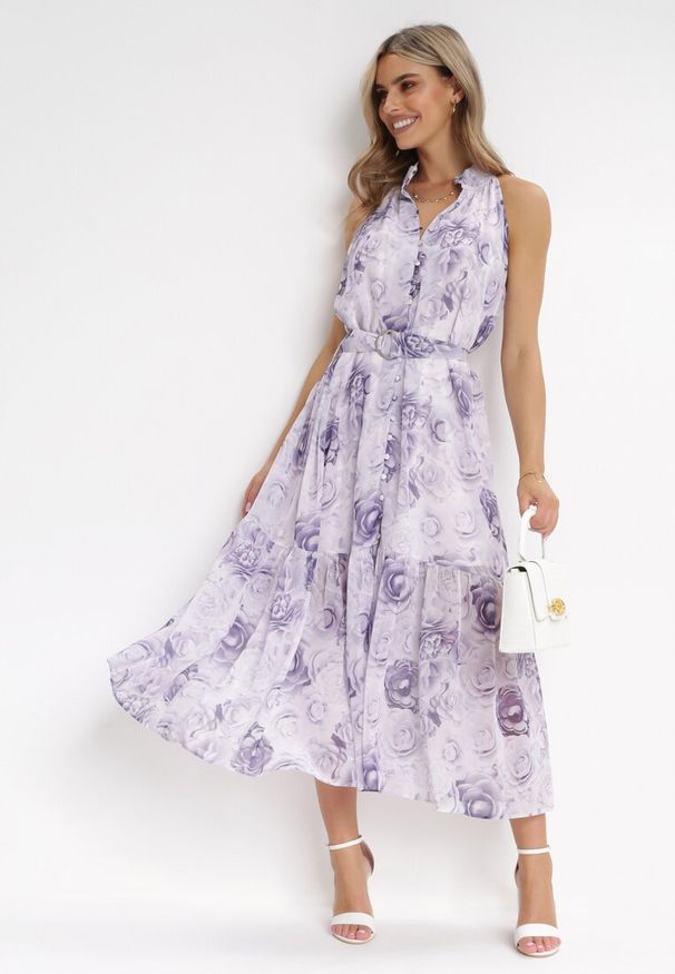 Born2be - Fioletowa Rozkloszowana Sukienka z Materiałowym Paskiem Evanagia. Kolor: fioletowy. Materiał: materiał