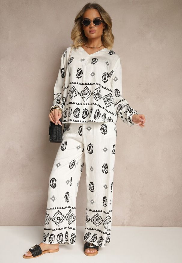 Renee - Biało-Czarny Komplet w Stylu Etno Spodnie z Gumką w Pasie i Bluzka Oversize Eviralyn. Kolor: biały