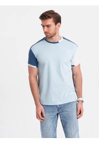 Ombre Clothing - Męski t-shirt z elastanem z kolorowymi rękawami - niebieski V2 OM-TSCT-0176 - XXL. Okazja: na co dzień. Kolor: niebieski. Materiał: elastan. Wzór: kolorowy. Styl: casual, klasyczny #3