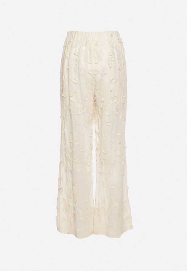 Born2be - Beżowe Spodnie Ażurowe z Wysokim Stanem i Gumką w Pasie Frulefia. Stan: podwyższony. Kolor: beżowy. Wzór: ażurowy. Styl: elegancki, klasyczny, sportowy