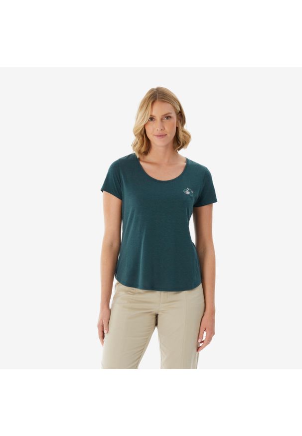 quechua - Koszulka turystyczna z krótkim rękawem damska Quechua NH500. Kolor: niebieski, zielony, wielokolorowy. Materiał: poliester, lyocell, bawełna, materiał. Długość rękawa: krótki rękaw. Długość: krótkie. Sport: turystyka piesza