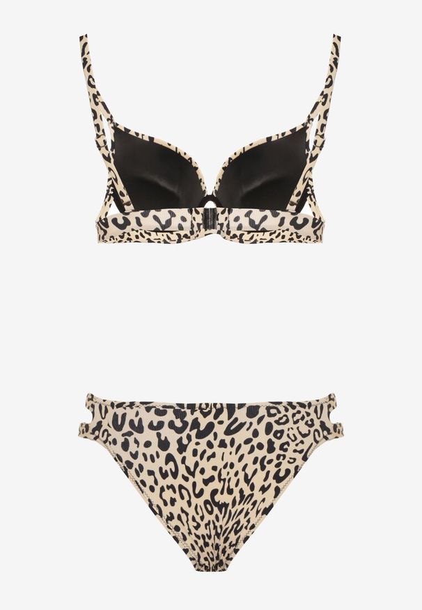 Renee - Beżowe Bikini w Panterkowy Wzór Biustonosz i Majtki Figi Zdobione Wycięciami Savrienne. Kolor: beżowy. Wzór: aplikacja