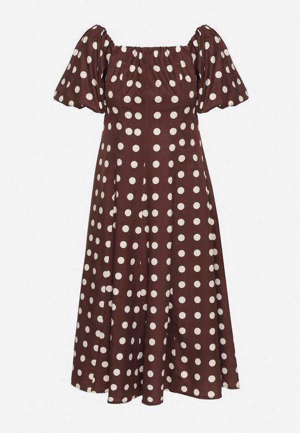 Born2be - Brązowa Rozkloszowana Sukienka Vices w Grochy z Dekoltem Typu Hiszpanka Zimina. Okazja: na co dzień. Typ kołnierza: dekolt hiszpanka. Kolor: brązowy. Materiał: skóra, materiał. Wzór: grochy. Typ sukienki: proste. Styl: casual, klasyczny