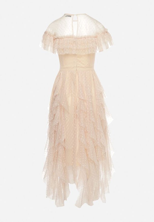 Born2be - Beżowa Sukienka z Przezroczystego Materiału Rozkloszowana Ozdobiona Koronką Pela. Okazja: na co dzień. Kolor: beżowy. Materiał: koronka, materiał. Długość rękawa: krótki rękaw. Wzór: koronka, aplikacja. Typ sukienki: rozkloszowane, proste. Styl: klasyczny, casual