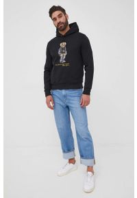 Polo Ralph Lauren bluza męska kolor czarny z kapturem z nadrukiem. Typ kołnierza: polo, kaptur. Kolor: czarny. Materiał: dzianina. Wzór: nadruk