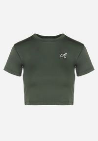 Born2be - Ciemnozielony T-shirt Crop Top Ozdobiony Literką Koliviela. Okazja: na co dzień. Kolor: zielony. Materiał: jeans. Długość: krótkie. Wzór: aplikacja. Styl: casual, elegancki #6