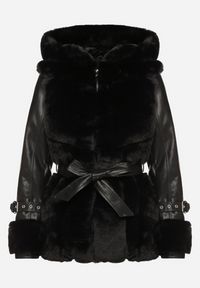 Born2be - Czarna Futrzana Kurtka z Kapturem Wiązanym Paskiem i Rękawami z Imitacji Skóry z Klamrami Mesirya. Okazja: na co dzień. Typ kołnierza: kaptur. Kolor: czarny. Materiał: skóra, futro. Wzór: aplikacja. Styl: casual, elegancki #3