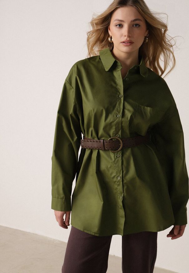 Born2be - Zielona Długa Koszula Oversize z Bawełny i Wiskozy z Paskiem z Klamrą Thessalonike. Okazja: na co dzień. Kolor: zielony. Materiał: wiskoza, bawełna. Długość: długie. Styl: casual