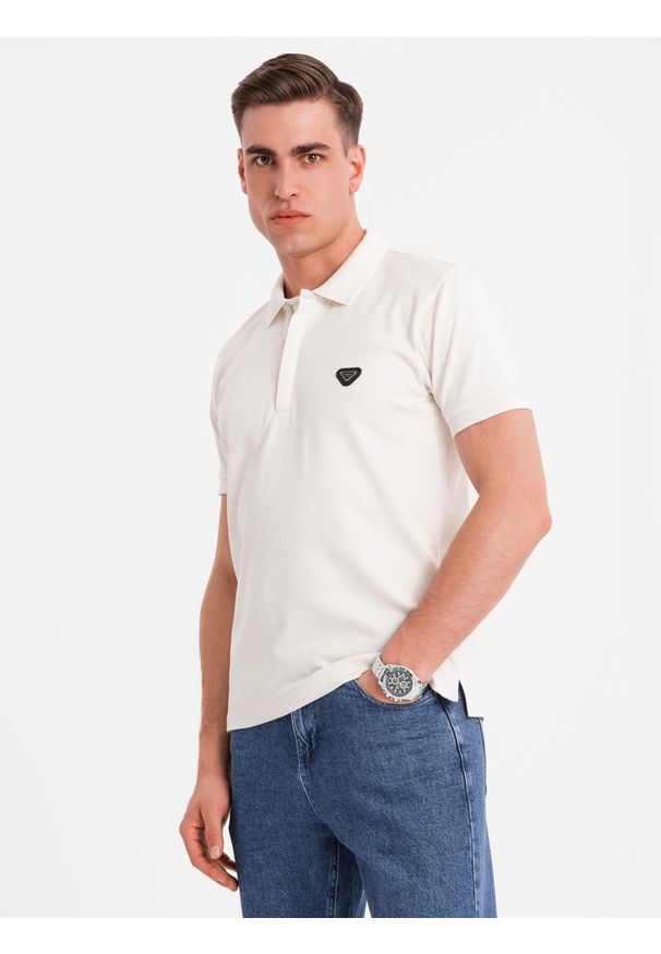Ombre Clothing - Męska koszulka polo z dekoltem na zamek - biała V1 - Rozmiar: L. Okazja: na co dzień. Typ kołnierza: polo. Kolor: biały. Materiał: bawełna, elastan, dzianina. Styl: sportowy, casual, elegancki
