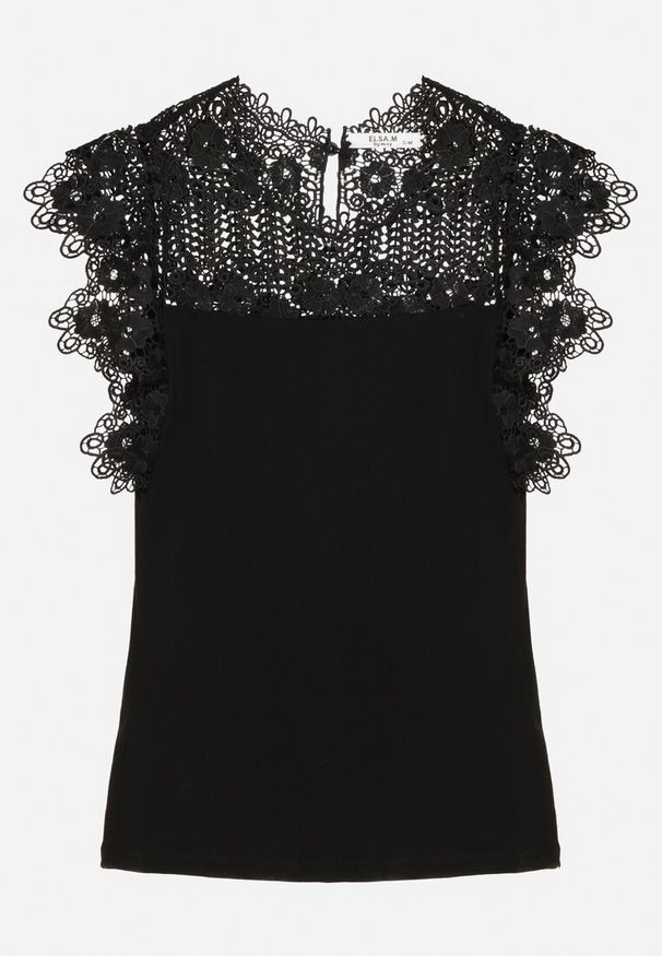Born2be - Czarna Bawełniana Bluzka z Koronkową Górą Desalwen. Okazja: na co dzień. Kolor: czarny. Materiał: koronka, bawełna. Wzór: koronka, aplikacja. Styl: klasyczny, casual