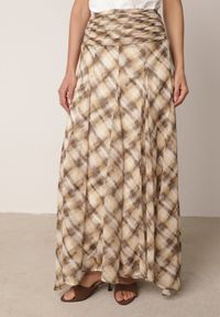 Born2be - Beżowo-Żółta Rozkloszowana Spódnica z Marszczonym Pasem w Talii w Stylu Preppy Jenniea. Okazja: do pracy, na co dzień, na spotkanie biznesowe. Kolor: beżowy. Materiał: dzianina, poliester. Styl: biznesowy, klasyczny, casual #5