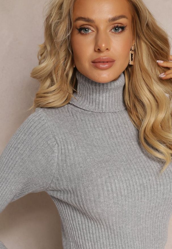 Renee - Szara Dopasowana Sukienka z Golfem i Prążkowanej Dzianiny Mariase. Typ kołnierza: golf. Kolor: szary. Materiał: dzianina, prążkowany. Długość rękawa: długi rękaw. Typ sukienki: dopasowane. Długość: mini