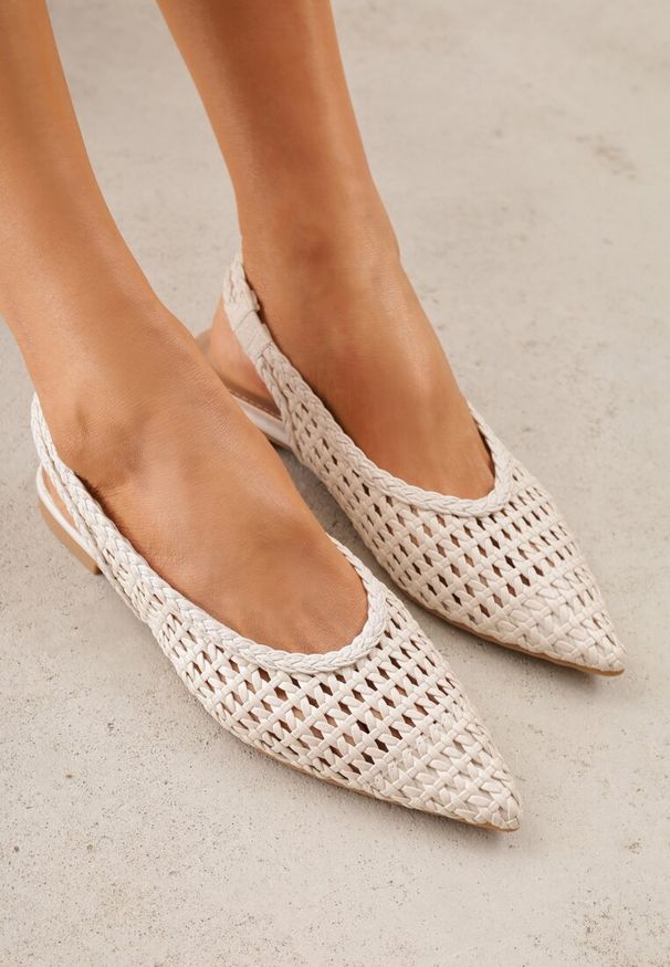 Renee - Beżowe Baleriny Slingback z Plecionki ze Szpiczastym Noskiem Eupheleta. Nosek buta: szpiczasty. Zapięcie: bez zapięcia. Kolor: beżowy. Wzór: haft. Styl: boho