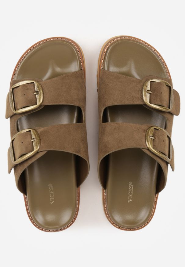 Renee - Zielone Klapki VICES Ozdobione Dużymi Klamrami Jenniviane. Okazja: na co dzień. Kolor: beżowy. Materiał: jeans. Wzór: aplikacja. Sezon: wiosna, lato. Styl: elegancki, casual