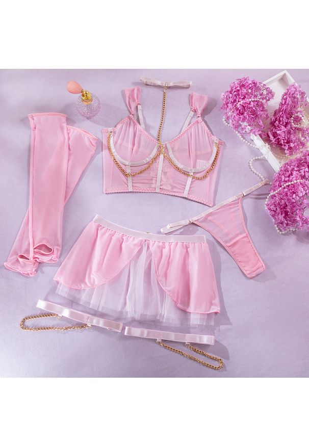 Intica - Komplet bielizny z chokerem i haftem Jeannett. Kolor: różowy. Materiał: materiał. Wzór: haft