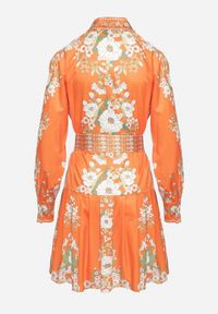 Born2be - Pomarańczowa Sukienka Koszulowa w Kwiatowy Wzór z Bufiastymi Rękawami i Paskiem Aladira. Okazja: na co dzień. Kolor: pomarańczowy. Wzór: kwiaty. Typ sukienki: koszulowe. Styl: casual, elegancki #3