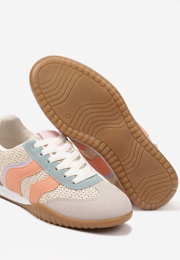 Born2be - Beżowo-Pomarańczowe Sneakersy Ozdobione Plecionką i Geometrycznym Wzorem Aniffia. Okazja: na co dzień. Kolor: beżowy. Wzór: aplikacja, geometria