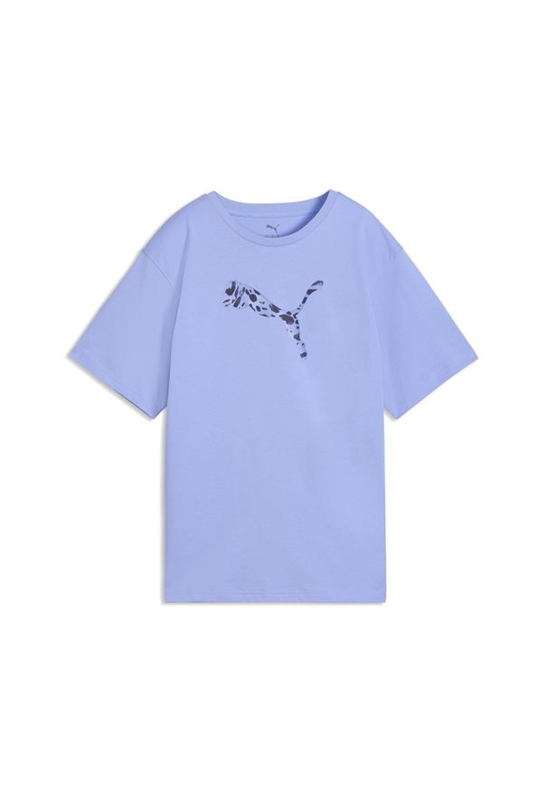 Puma - Damska luźna koszulka Essentials ze zwierzęcym nadrukiem PUMA. Kolor: fioletowy. Wzór: motyw zwierzęcy, nadruk