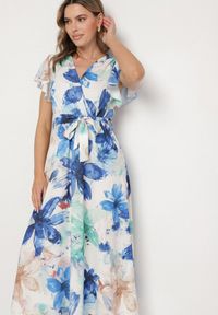 Born2be - Niebieska Sukienka w Kwiaty o Kopertowym Kroju z Wiązanym Paskiem Redanae. Okazja: na co dzień. Kolor: niebieski. Wzór: kwiaty. Typ sukienki: kopertowe. Styl: casual, elegancki #2