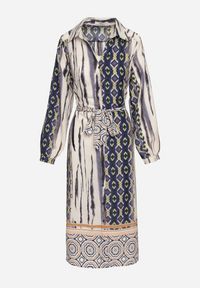 Born2be - Niebiesko-Beżowa Sukienka Koszulowa z Mozaikowym Wzorem i Wiązanym Paskiem Lilimea. Kolor: niebieski. Materiał: tkanina. Typ sukienki: koszulowe #3