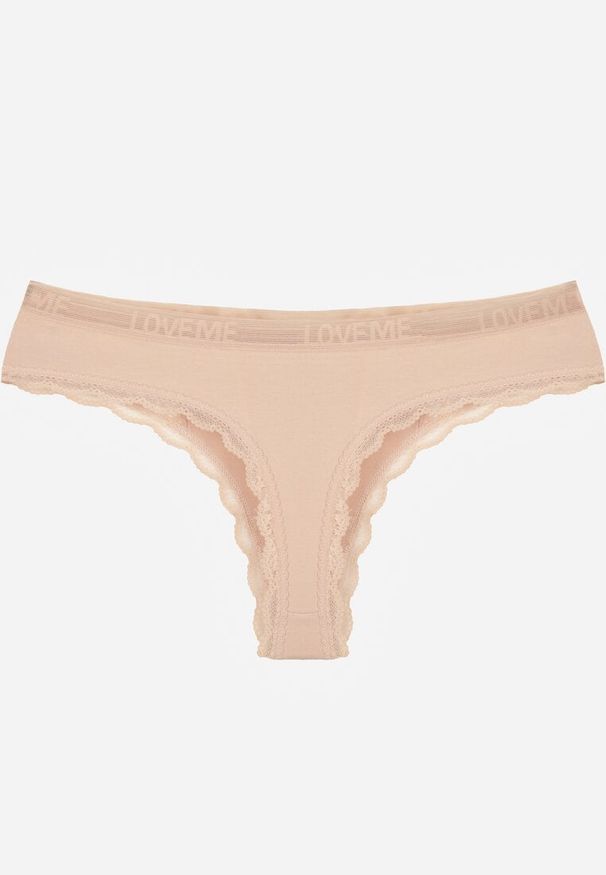 Renee - Beżowe Majtki Stringi Ozdobione Koronką z Bawełną Meniliphis. Kolor: beżowy. Materiał: koronka, bawełna. Wzór: koronka, aplikacja