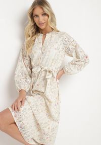 Born2be - Beżowa Rozkloszowana Sukienka w Kwiaty z Paskiem w Talii Dimtia. Okazja: na co dzień. Typ kołnierza: dekolt w kształcie V. Kolor: beżowy. Wzór: kwiaty. Sezon: wiosna, lato. Typ sukienki: proste. Styl: casual, elegancki #2