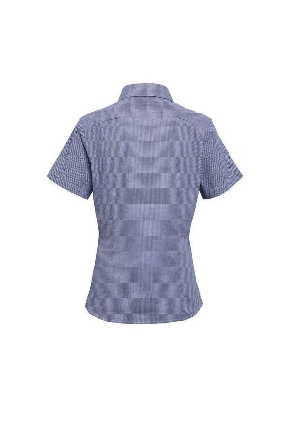 PREMIER - Damska Bawełniana Koszula Z Krótkim Rękawem W Kratkę Micro Gingham. Kolor: niebieski, wielokolorowy, biały. Materiał: bawełna. Długość rękawa: krótki rękaw. Długość: krótkie. Wzór: kratka