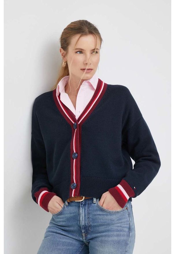 TOMMY HILFIGER - Tommy Hilfiger kardigan bawełniany damski kolor granatowy lekki. Kolor: niebieski. Materiał: bawełna. Długość rękawa: długi rękaw. Długość: długie