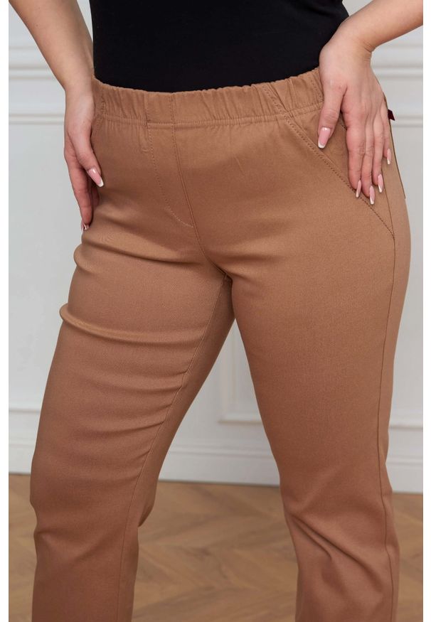 Nasi partnerzy - Beżowe spodnie Nilda z prostą nogawką wysoki stan PLUS SIZE XXL. Okazja: na co dzień, do pracy, na spacer. Stan: podwyższony. Kolekcja: plus size. Kolor: beżowy. Materiał: poliester, elastan, tkanina, materiał, włókno, wiskoza. Długość: krótkie. Styl: casual