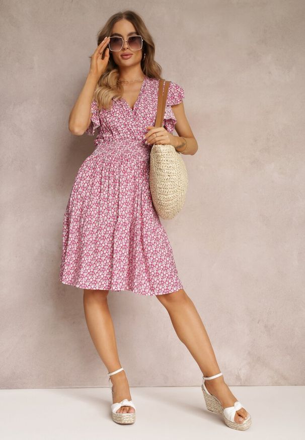 Renee - Różowa Sukienka Mini z Gumką w Talii z Wiskozy Jensa. Kolor: różowy. Materiał: wiskoza. Styl: wakacyjny. Długość: mini