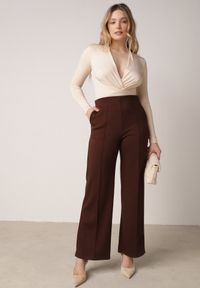 Born2be - Brązowe Eleganckie Spodnie z Bawełny i Wiskozy w Kant Valelia. Okazja: na co dzień, na spotkanie biznesowe, do pracy. Kolor: brązowy. Materiał: bawełna, wiskoza. Styl: elegancki #1