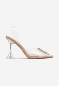 Born2be - Beżowe Sandały z Transparentną Cholewką z Obcasem Typu Klepsydra i Cyrkoniami Vlomena. Kolor: beżowy. Szerokość cholewki: normalna. Wzór: aplikacja. Obcas: na obcasie. Wysokość obcasa: średni #6