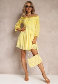 Renee - Żółta Sukienka z Rękawami 7/8 i Ozdobną Koronką Cascantha. Kolor: żółty. Materiał: koronka. Wzór: koronka