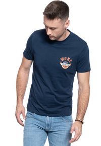 Wrangler - T-SHIRT MĘSKI WRANGLER SS GLOBE TEE DRESS BLUE W7C8FKX20. Kolor: niebieski