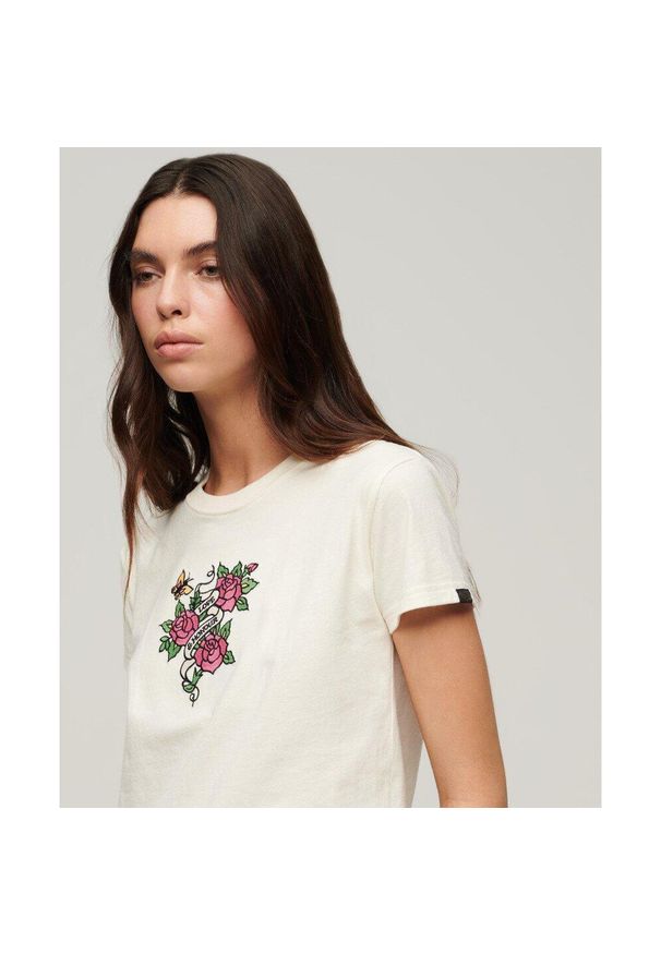 Superdry - Koszulka dopasowana z haftem tatuażu. Kolor: biały. Materiał: bawełna. Wzór: haft