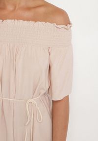 Born2be - Beżowa Sukienka z Wiskozą Bawełną Hiszpańskim Dekoltem i Sznurkiem Lilarenne. Okazja: na co dzień. Kolor: beżowy. Materiał: bawełna, wiskoza. Sezon: lato. Styl: casual, elegancki #2