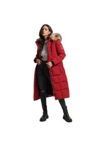 Damska długa kurtka z wykończeniem ze sztucznego futra Superdry Everest. Kolor: czerwony. Materiał: futro. Długość rękawa: długi rękaw. Długość: długie. Sezon: jesień #1